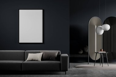 İçerisi kanepe ve yastıklarla dolu. Masası ve dekorasyonu olan mahremiyet perdesi. Gri beton zemin ve halı. Boş tuval, duvarda maket yap, 3 boyutlu görüntüleme