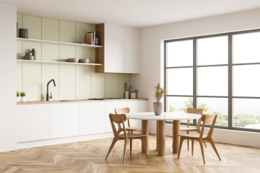 İçi bembeyaz, dört sandalyeli, yan manzaralı kırsal ve parke zeminli panoramik pencereli. Rafları ve ahşap mobilyaları olan minimalist bir mutfak. 3B görüntüleme
