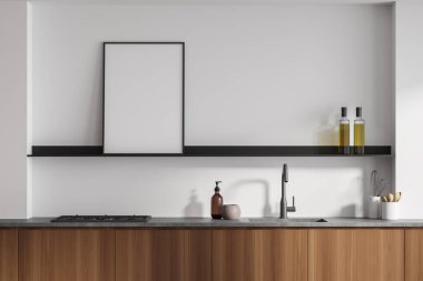 Ahşap güverte, mutfak gereçleri, soba, lavabo ve sabun, yağ şişesi ve kaşıkla hafif pişirme odası. Raftaki çerçeve menüsü, 3B oluşturma