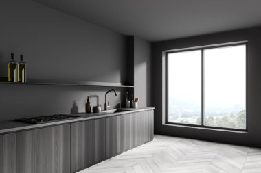 Karanlık mutfak odasının içi boş gri duvar, panoramik pencere, lavabo, elektrikli fırın, dolap ve meşe ağacından parke zemin. Minimalist tasarım kavramı. 3d oluşturma