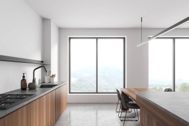 Parlak mutfak odasının içi panoramik pencereli, kırsal manzaralı, çift fırın, masa, elektrikli fırın, dolap ve beton zemin. Minimalist tasarım kavramı. 3d oluşturma