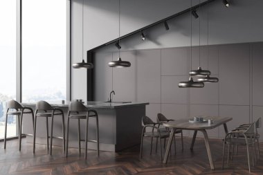 İçi koyu ahşap sandalyelerle, masaları lavabo ve bulaşıklarla, yan manzarayla, kırsal alandaki panoramik pencerelerle dolu. Parke zeminli lüks mutfak, 3D görüntüleme.