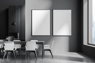 İçi boş iki beyaz poster, masaüstü, rahat koltuklar, masalar ve beton zemin olan karanlık ofis odası. Çalışma süreci için mükemmel bir yer. Minimalist tasarım. Model yap. 3d oluşturma