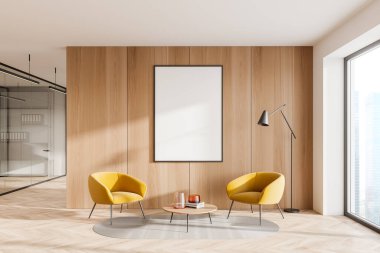 Oturma odasındaki ahşap duvarda iki sarı koltuk, sehpa, lamba, parke döşeme ve koridorda cam duvarın arkasında ofis içi olan boş beyaz bir model. Modern tasarım kavramı. 3d oluşturma