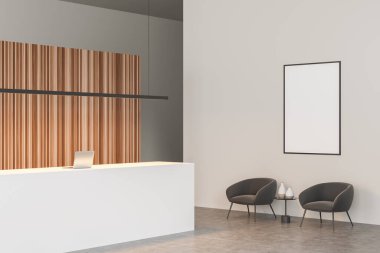 Parlak ofis odası resepsiyonlu, boş beyaz poster, laptop, beton zemin, iki rahat koltuk, kahve masası. Buluşmak için mükemmel bir yer. Minimalist tasarım. Model yap. 3d oluşturma