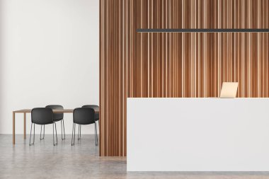 Beyaz resepsiyon masası, düz ışık, beton zemin ve solunda toplantı masası olan tahta panel duvar. Modern ofis iç tasarımı kavramı. 3d oluşturma