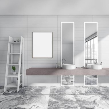 Parlak banyo içi boş beyaz poster, iki lavabo, panoramik pencerenin yansıması gökdelen manzaralı ayna, merdiven ve sıvı sabun. Spa prosedürü kavramı. 33d oluşturma ile alay et
