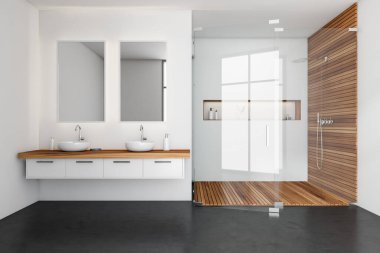 Modern bathing room interior with wooden douche behind glass doors, dark grey concrete floor. Two sinks with separate mirrors on white wall. 3D rendering