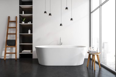 Küvetli modern banyo ve havlulu masa, demiryolu merdiveni ve aksesuarlı raf, gri beton zemin ve binalı pencere, 3D döşemeli