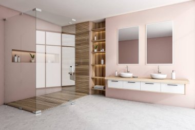 Pink bathing room interior with wooden douche behind glass doors, side view, grey concrete floor. Two sinks with separate mirrors on bright wall, rack with accessories. 3D rendering