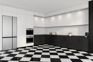 Mutfak seti, lavabo ve fırın, yan görüş, beyaz raflar ve spot ışıkları. Buzdolabı ve mutfak eşyaları güvertede. Modern dairede açık uzay pişirme odası, 3D görüntüleme