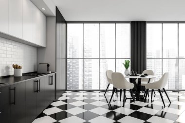 Dört koltuklu ve yuvarlak masalı modern yemek masası fayanslı zemin, yan manzara, şehir manzaralı panoramik pencere. Mutfak seti beyaz ve siyah dizaynlı. 3B görüntüleme