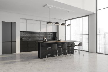 Dört siyah sandalye ve masa, mutfak gereçleri ve beyaz raflar ile lavabo, yan manzara, şehir manzaralı pencere. Gri beton zeminli minimalist mutfak, 3 boyutlu.