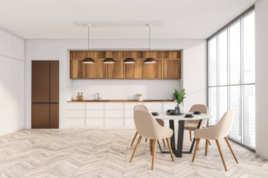 Ahşap malzemeli beyaz mutfak, parke döşeme, tuğla kaplama, bakır buzdolabı, minimalist dolap ve dört bej sandalyeli yuvarlak yemek masası. Modern iç tasarım kavramı. 3d oluşturma