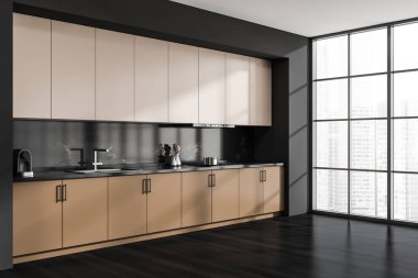 Panoramik pencereli ve ahşap döşemeli bej ve siyah mutfak köşesi. Modern minimalist tasarım kavramı. 3d oluşturma