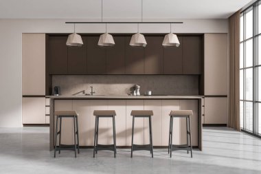 Kahvaltı masası, tavan lambaları, dört tabure, panoramik pencere, perdeler ve gri beton zemin. Modern minimalist tasarım kavramı. 3d oluşturma