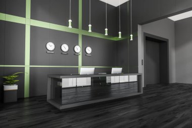 Siyah ve yeşil resepsiyon alanı zarif resepsiyon masası, duvar panelleri, zaman dilimi saati, kapalı alanda bitki ve asansör girişi. Parke. Modern ofis iç tasarımı kavramı. 3d oluşturma