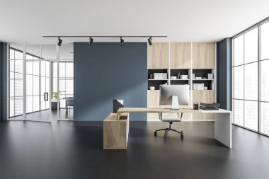 İçi boş mavi duvarlı, masası, koltuğu, masası, masası, rafı, dosyaları ve beton zemini olan karanlık ofis odası. Çalışma süreci için mükemmel bir yer. Minimalist tasarım. Model yap. 3d oluşturma