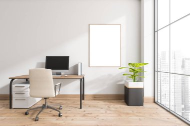 Beyaz ofis içindeki tuvali basit masa, tekerlekli sandalye, şehir manzaralı panoramik pencereler, ahşap zemin ve kapalı alan bitkisi ile modelle. Modern çalışma alanı kavramı. Modern tasarım. 3d oluşturma