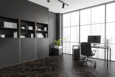 Dolabı ve masası olan panoramik koyu gri ofisin köşesi. Modern iç tasarım, ceviz parke zemini ve modern malzemeler kullanılıyor. İş yeri kavramı. İnsan yok. 3d oluşturma