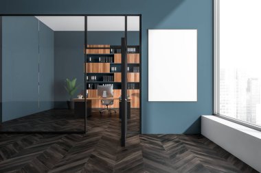 Ofis içi boş poster, masa, cam kapı, koltuk, masaüstü, gökdelen manzaralı panoramik pencere ve ahşap zemin. Çalışmak için mükemmel bir yer. Minimalist tasarım. Model yap. 3d oluşturma