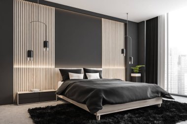 Beyaz ahşap duvar panelleri, yaratıcı kolye ışıkları, iki komodin, parke zeminde halı ve yatak. Modern ev tasarımı kavramı. Köşe manzarası. 3d oluşturma