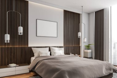 Modern beyaz ve gri yatak odasındaki yatay çerçeve koyu ahşap paneller ve yaratıcı kolye ışıkları. Modern iç tasarım kavramı. Model yap. 3d oluşturma