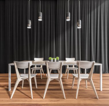 Beyaz restoran masası ve arka planda siyah perdeler. Masasında üç bitki bulunan modern yemek salonu, kolye ışıkları ve parke zemin. Modern iç tasarım kavramı. 3d oluşturma