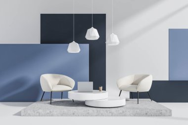 İki beyaz koltuklu parlak oturma odası, sehpa, dizüstü bilgisayar, mavi duvar ve beton zemin. Minimalist tasarım kavramı. Buluşup beklemek için rahat bir yer. 3d oluşturma