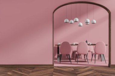 Parlak oturma odası içi boş pembe duvar, altı koltuk, yemek masası, kemer ve meşe parke zemin. Minimalist tasarım kavramı. Buluşma için rahat bir yer. Model yap. 3d oluşturma