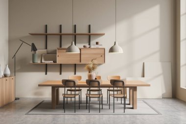 Altı sandalye, masa, lamba, raflar, büfe, halı ve beton zemin olan parlak bir yemek odası. Yemek için minimalist tasarım kavramı. 3d oluşturma