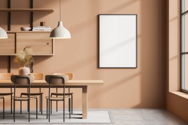 Parlak yemek odası içi boş beyaz poster, altı sandalye, masa, lamba, raflar, büfe, halı ve beton zemin. Yemek için minimalist tasarım kavramı. Model yap. 3d oluşturma