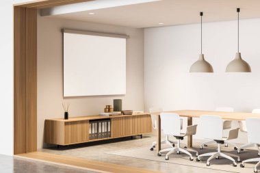 Parlak ofis içi, yuvarlak afiş, sekiz rahat koltuk, konferans tahtası ve beton zemin. Buluşma ve çalışma için mükemmel bir yer. Minimalist tasarım. Model yap. 3d oluşturma