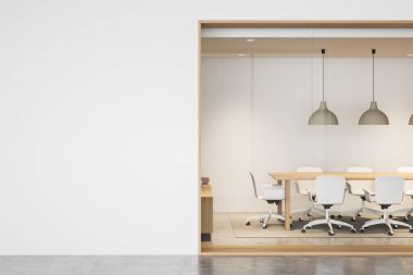 Parlak ofis odası içi boş beyaz duvar, rahat koltuklar, konferans tahtası, cam bölme ve beton zemin. Buluşmak için mükemmel bir yer. Minimalist tasarım. Model yap. 3d oluşturma