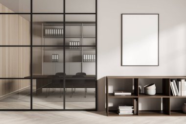 Parlak ofis odası içi içi boş beyaz poster, masa, rahat koltuklar, dosyalar ve meşe ağacından parke zemin. Çalışma süreci için mükemmel bir yer. Minimalist tasarım. Model yap. 3d oluşturma