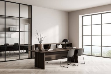 Parlak ofis odası içi boş duvar, panoramik pencere, dizüstü bilgisayar, masa, koltuklar, klasör ve meşe ağacından parke zemin. Çalışma süreci için mükemmel bir yer. Minimalist tasarım. Model yap. 3d oluşturma