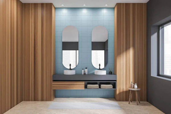 Banyo Içi Iki Lavabo Güvertede Aksesuarlı Ayrı Aynalar Manzara Bej — Stok fotoğraf