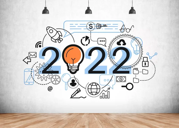2022年にデジタルアイコンや歯車 ソーシャルメディアやネットワークでビジネススタートアップの図面 コミュニケーションとビジネスプロセスのアイコン 新しいアイデアと将来計画の概念 — ストック写真