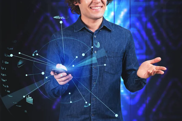 Office Man Smiling Using Mobile App Hud Data Storage Hologram — Stock Photo, Image