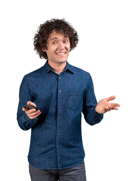 Office Man Denim Shirt Laughing Device Hand Looking Camera Smiling — Stock Photo, Image