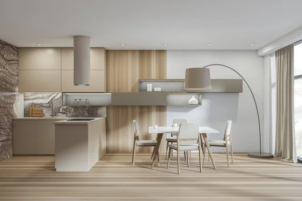 Interior Sala Cozinha Com Quatro Cadeiras Bege Lâmpada Parede Branca — Fotografia de Stock