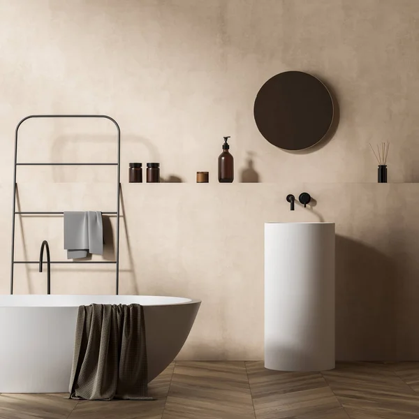 Beige Badezimmerausstattung Mit Badewanne Und Waschbecken Mit Rundem Spiegel Ablage — Stockfoto