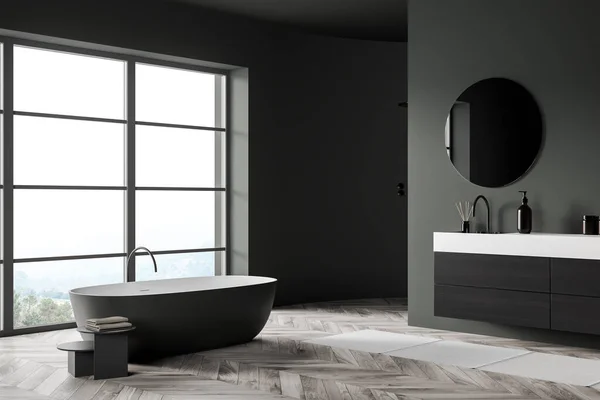 욕조가 실내의 어두운 목욕탕 데크가 액세서리 사이드 응접실 렌더링 — 스톡 사진