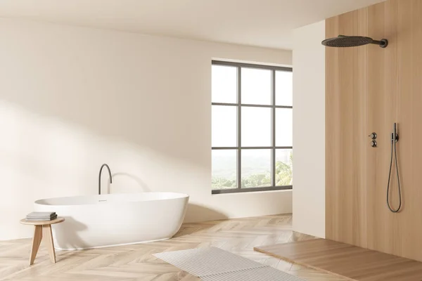 Bathing Room Interior Tub Table Towels Douche Wooden Floor Window — Zdjęcie stockowe