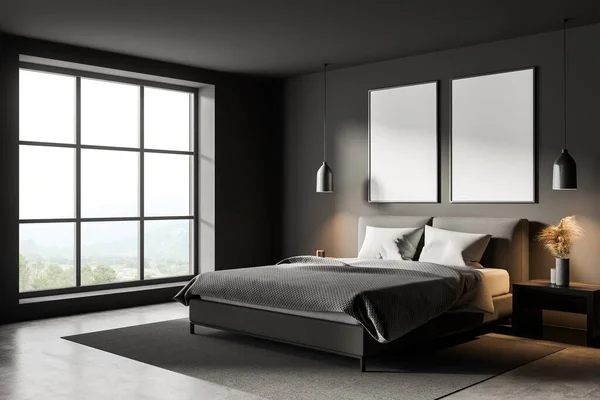 Two white canvases on wall in panoramic bedroom with pendant lights at either side of bed, bedside table, rug and concrete floor. Concept of modern interior design. Corner view. Mockup. 3d rendering
