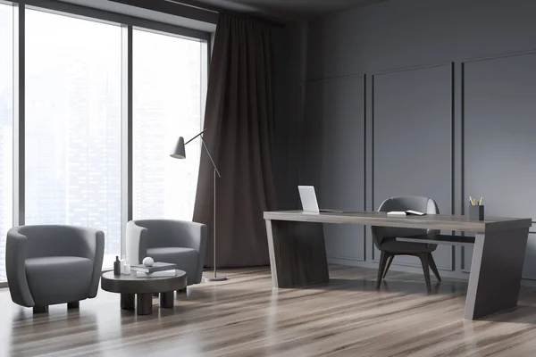 有客人座位的灰色办公室的拐角处 全景室内设计 采用现代个人书桌 两张创意扶手椅和花篮式地板 最低纲领的概念 3D渲染 — 图库照片