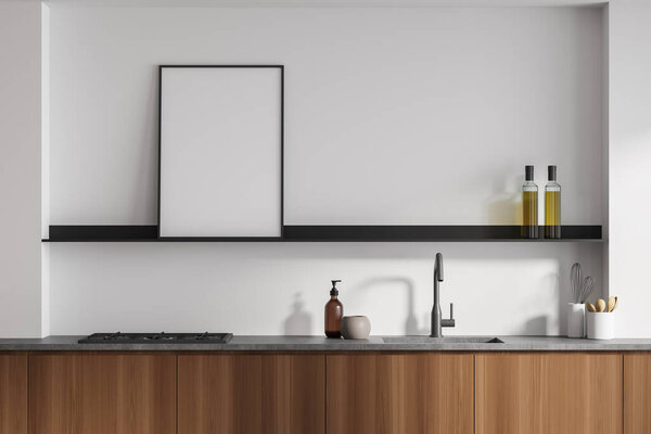 Светлый интерьер кухни с деревянной палубой и кухонной утварью, плитой, раковиной и мылом, масляной бутылкой и ложками. Меню рамок макета на стойке, 3D-рендеринг