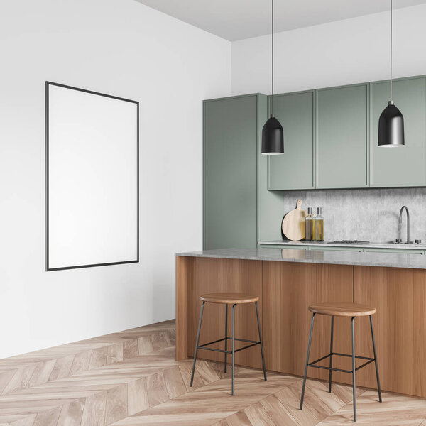 Bright kitchen room interior with empty white poster, two barstools, bar counter, sink, oil, electric cooker, cupboard, oak wooden parquet floor. Concept of minimalist design. Mock up. 3d rendering