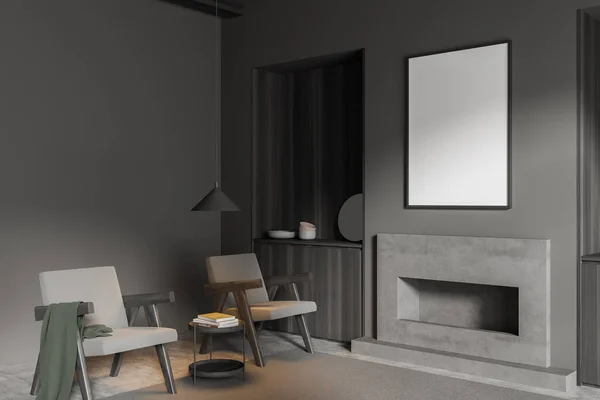 Dark living room interior with empty white poster, fireplace, two comfortable armchairs, coffee table, books, concrete floor, sideboard. Concept of place for meeting. Mock up. 3d rendering