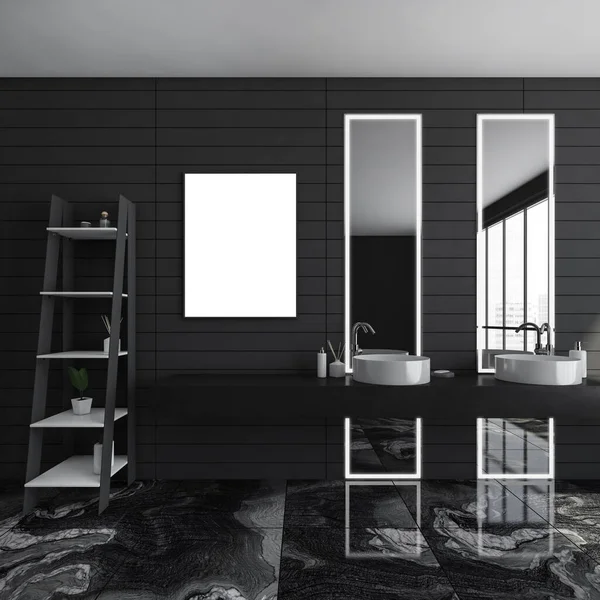 Dunkles Badezimmer Mit Leerem Weißen Poster Zwei Waschbecken Spiegel Mit — Stockfoto